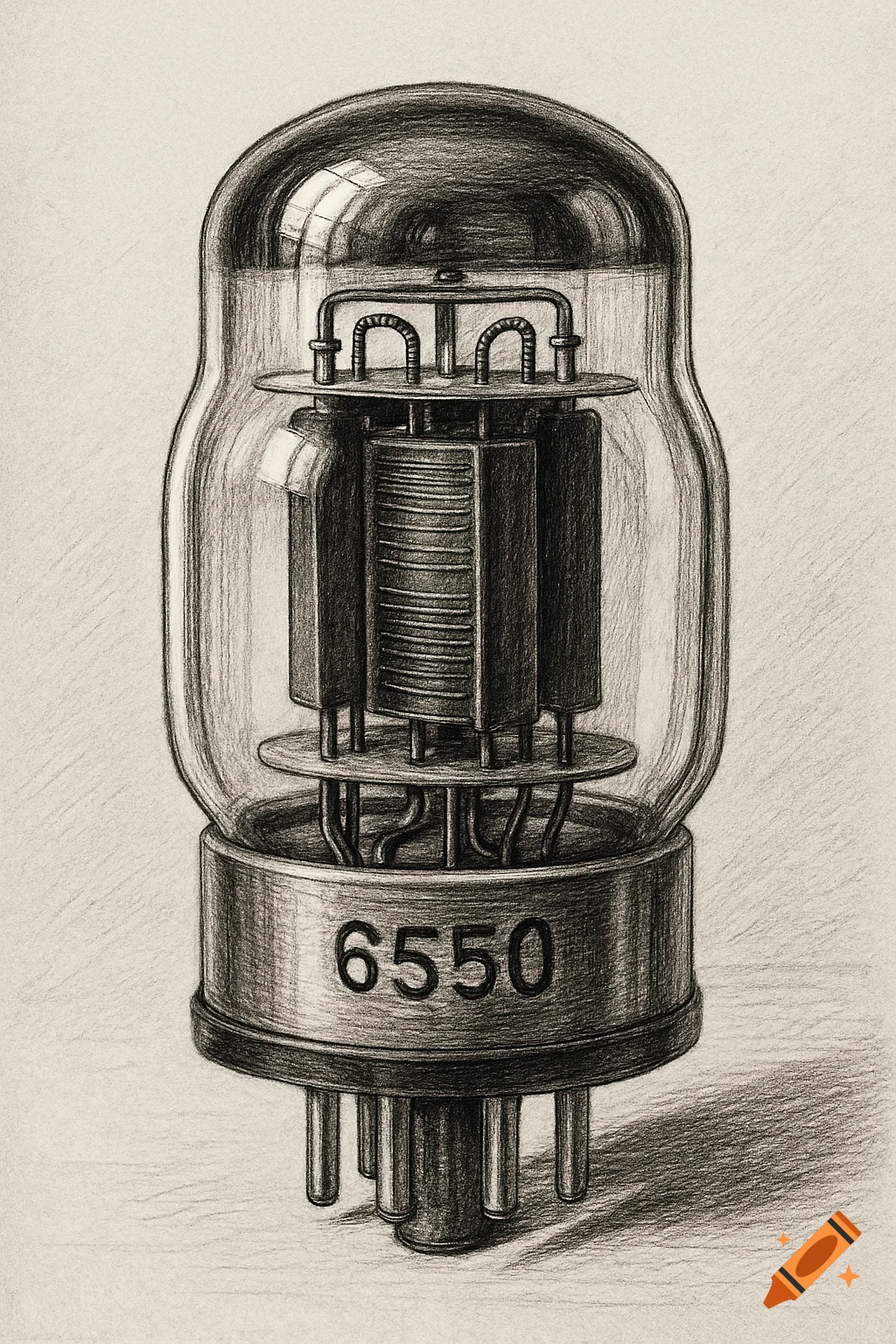 Black and white pencil drawing of a 6550 vacuum tube with internal components visible and the number 6550 on its base.