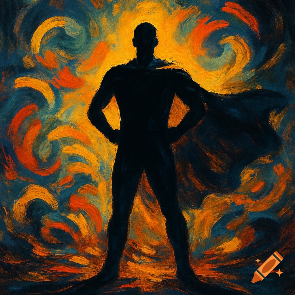 Silhouette of a superhero figure standing against a swirling, painterly background of orange, yellow, and dark blue.