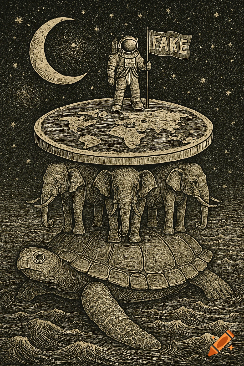 A surreal, engraved illustration of a flat Earth on elephants, who stand on a turtle in a cosmic ocean. An astronaut on the flat Earth holds a flag with "FAKE" written on it, under a crescent moon and stars.