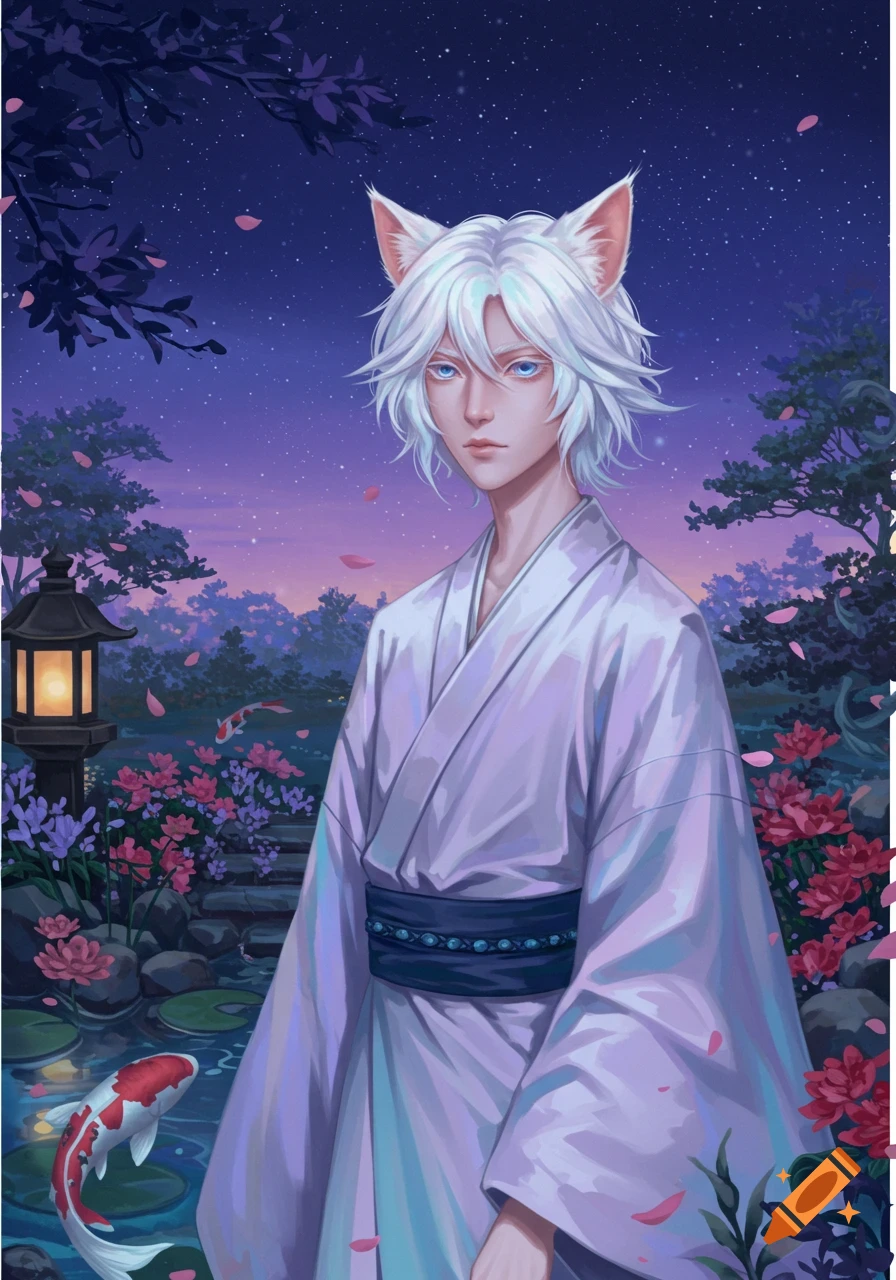 An albino cat boy in a kimono stands in a starry Japanese garden with koi fish, a lantern, and pink flowers in an anime style.