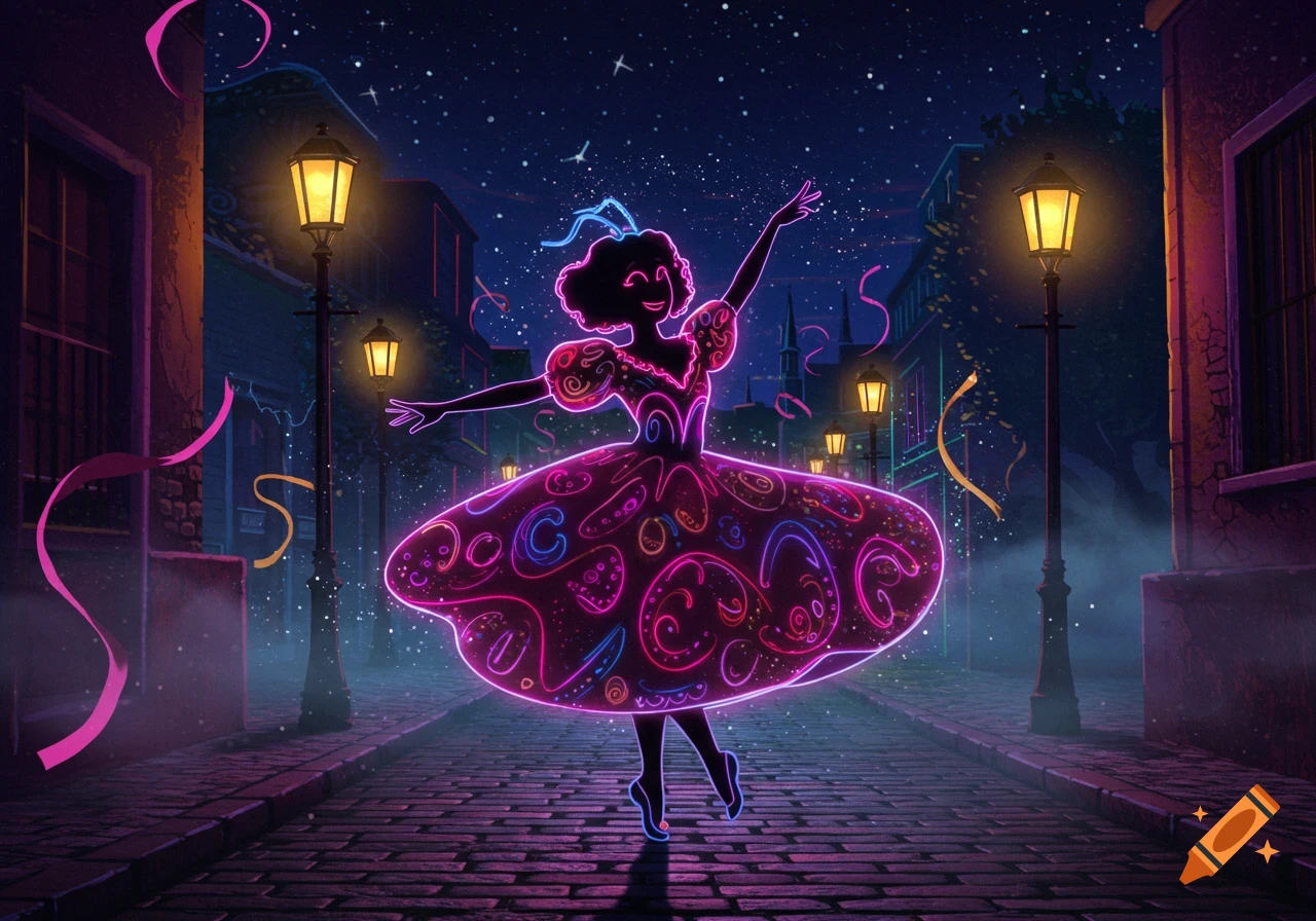 A stylized woman in a glowing neon dress dances on a cobblestone street at night, illuminated by lampposts and stars, with confetti.