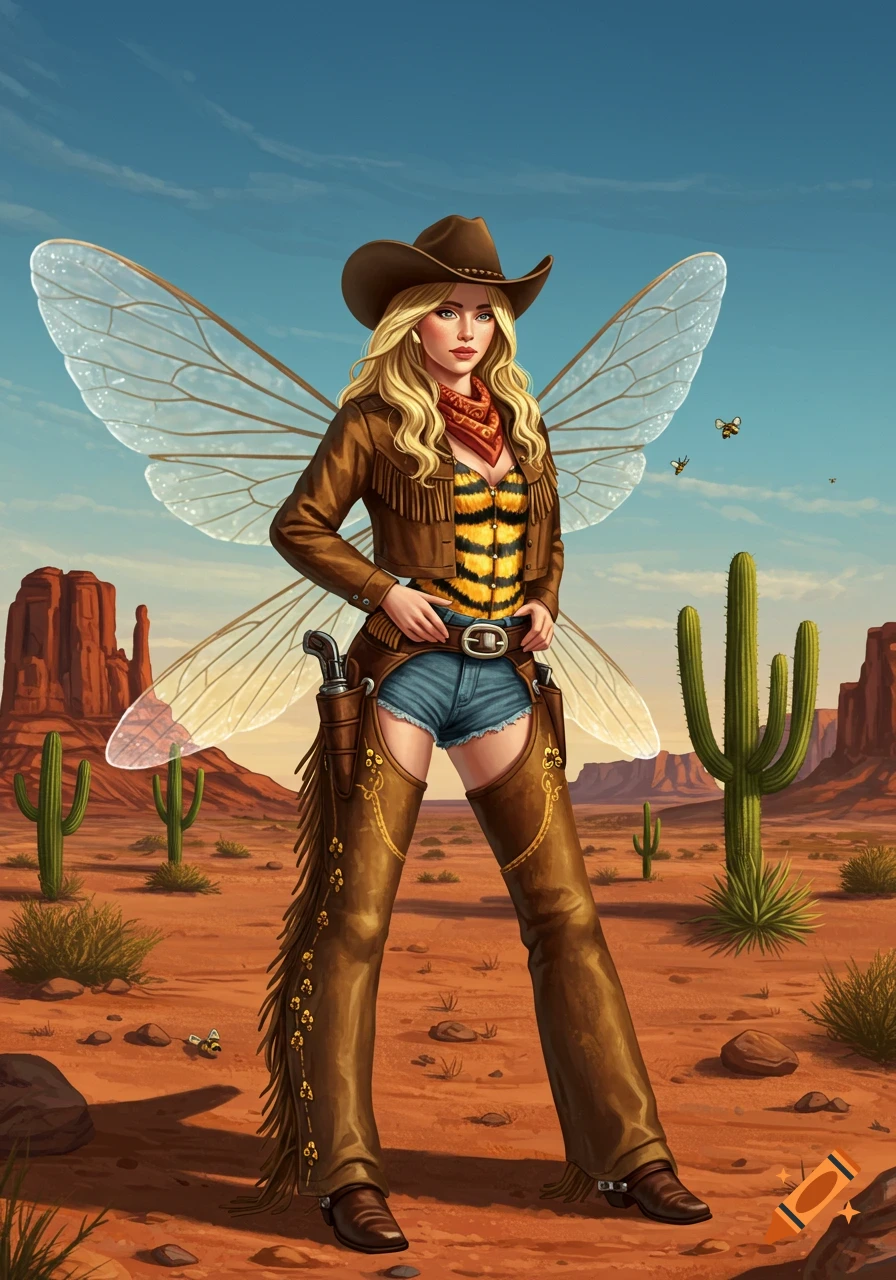 Digital art of a blonde cowboy fairy woman with translucent wings, wearing a hat and chaps, standing in a desert landscape.