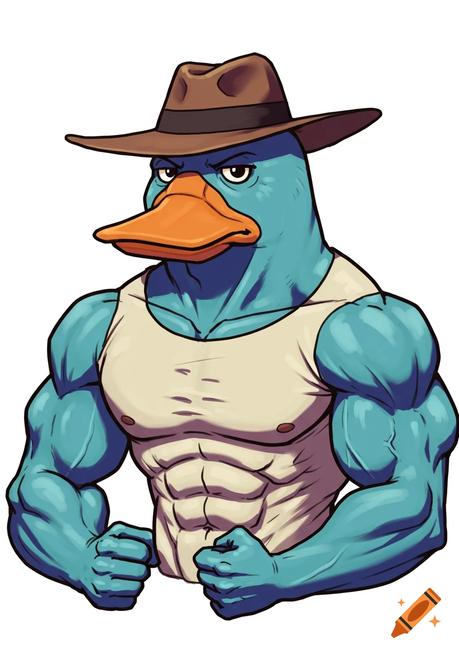 A muscular, teal-blue platypus in a brown fedora and tank top flexes his bulging biceps, with a serious expression.