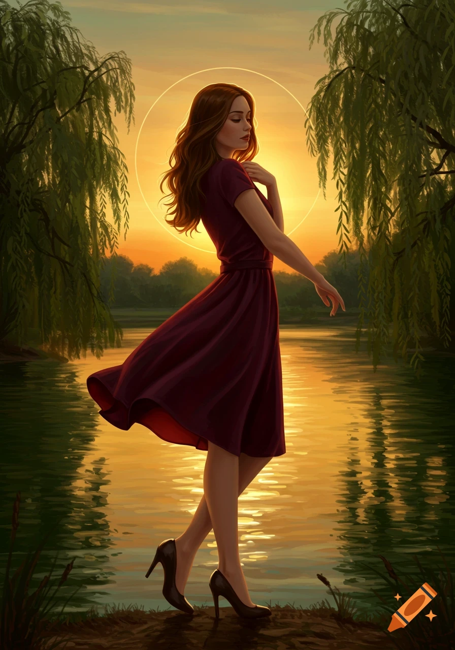 Digital painting of a woman in a maroon dress standing by a lake at sunset, with willow trees overhead.