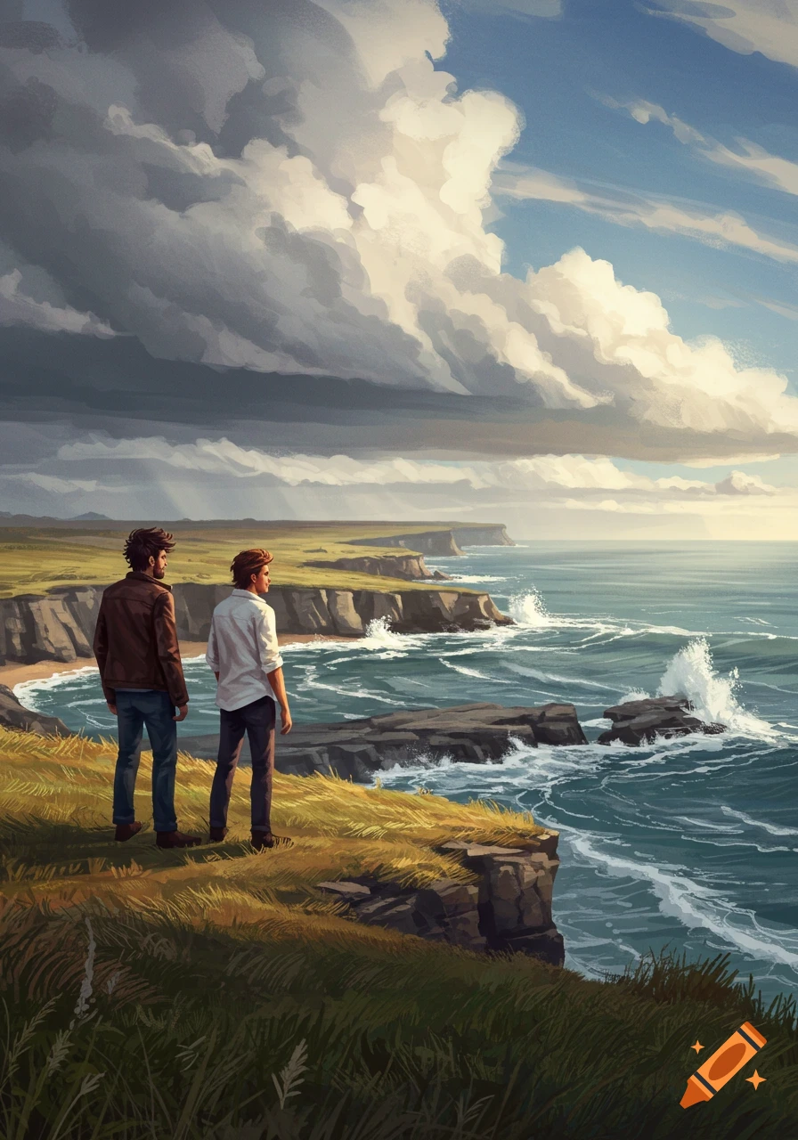 Two men stand on a grassy cliff overlooking a stormy ocean with crashing waves under a dramatic cloudy sky, digital painting.