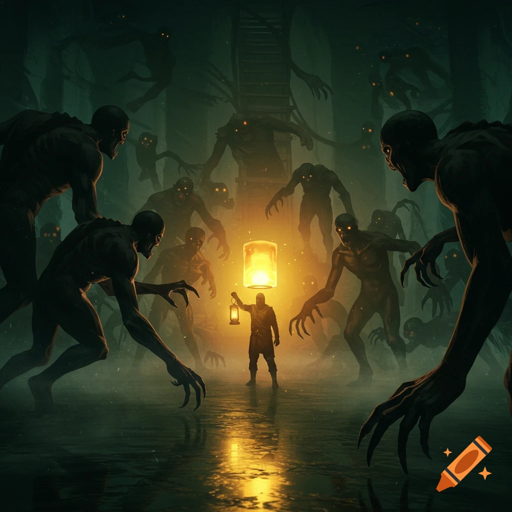 A lone figure with a lantern surrounded by shadowy, glowing-eyed monsters in a dark, misty cavern, dark fantasy art.
