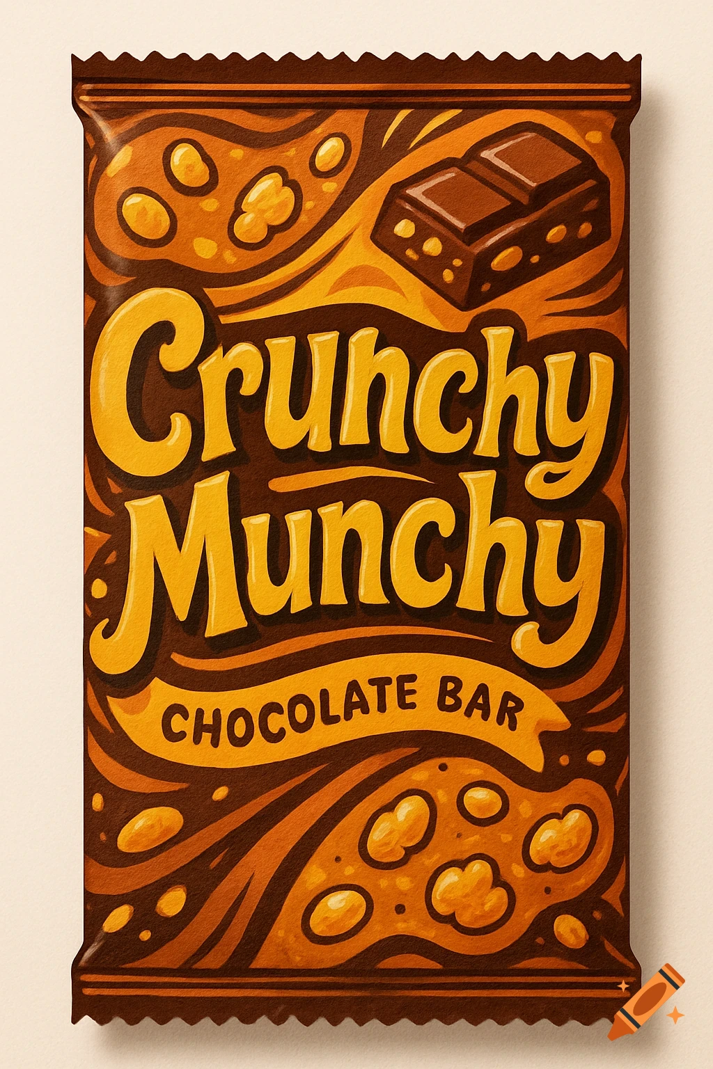 An illustrated brown and gold chocolate bar wrapper featuring "Crunchy Munchy CHOCOLATE BAR" text and small candy pieces.