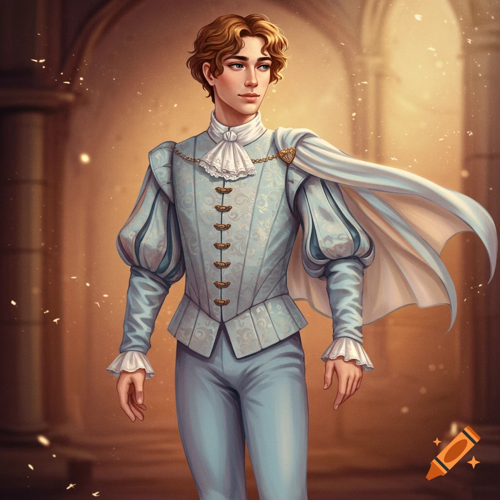 An illustration of a young man in pastel blue Renaissance-style court attire, with a cape and ruffled collar, standing elegantly in a glowing archway.