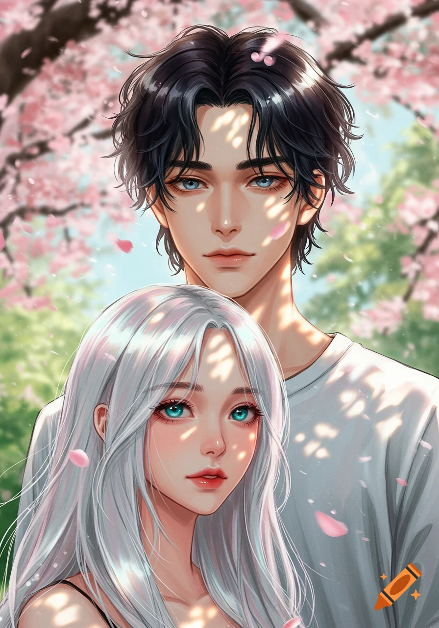 Anime illustration of a silver-haired girl and a black-haired guy under cherry blossoms, bathed in dappled sunlight.