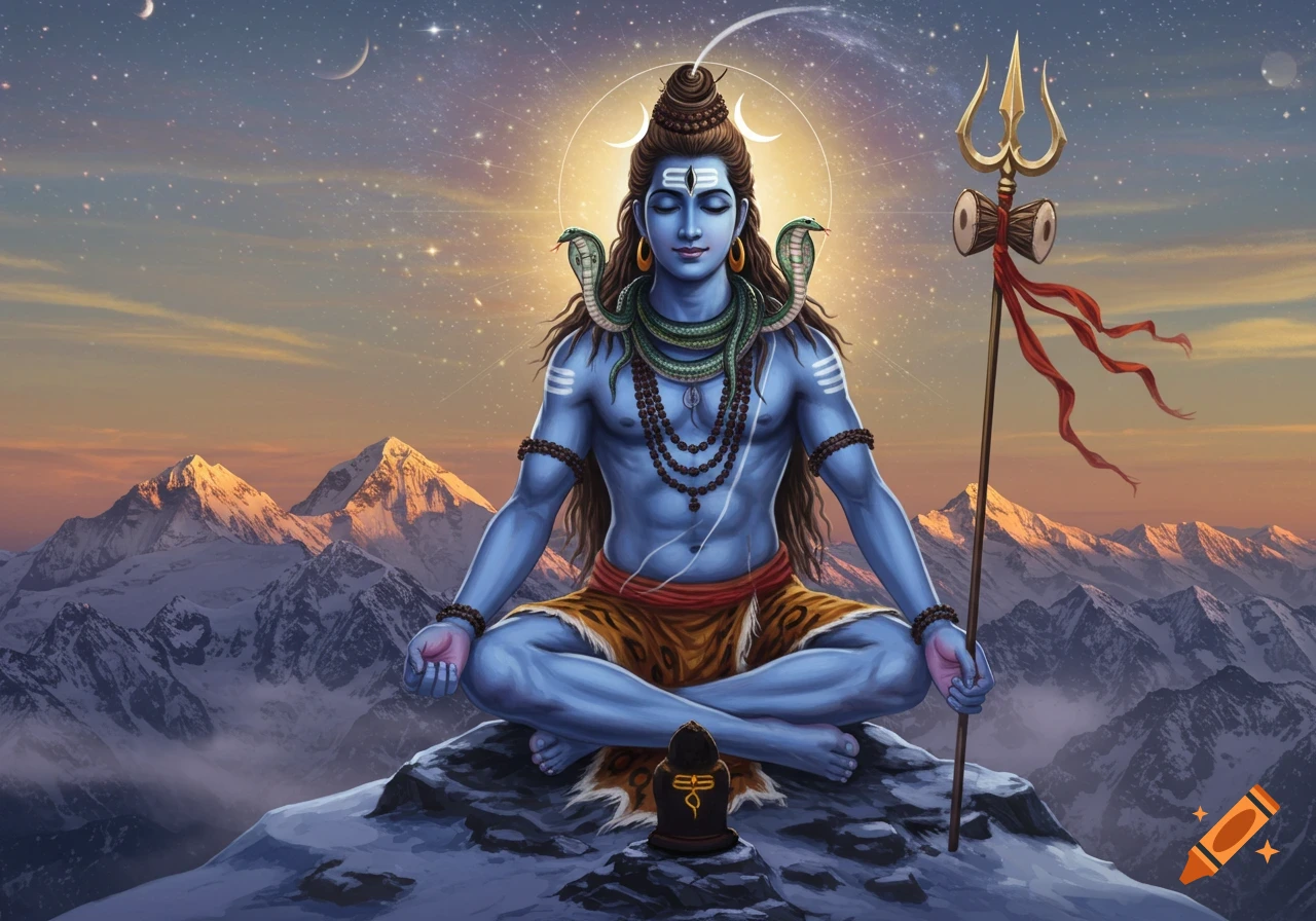 Digital painting of blue-skinned Lord Shiva meditating on a snowy mountain peak at sunrise, under a starry cosmic sky, with snakes and a trident.