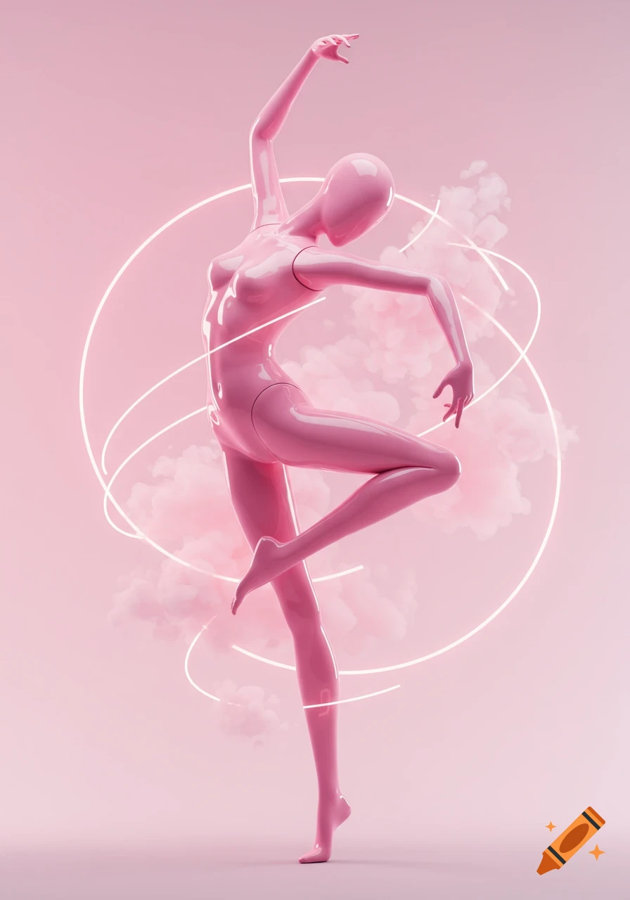 A glossy pink mannequin strikes a contortionist pose amidst swirling white neon lights and pink clouds on a monochromatic pink background.