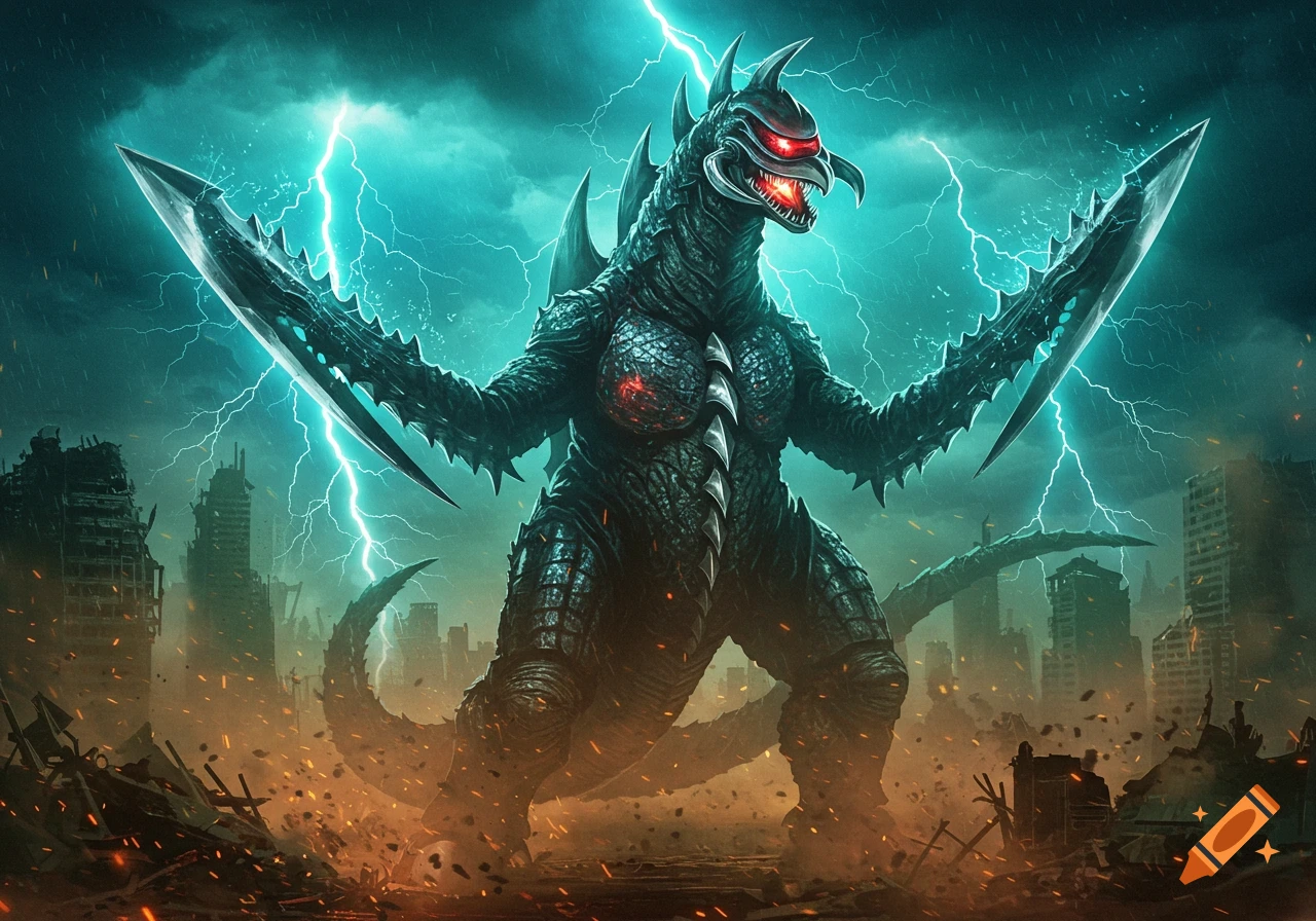 A massive dark kaiju resembling Gigan, with blade-like arms and glowing red eyes, stands triumphantly in a destroyed city under a stormy, lightning-filled sky with debris flying.