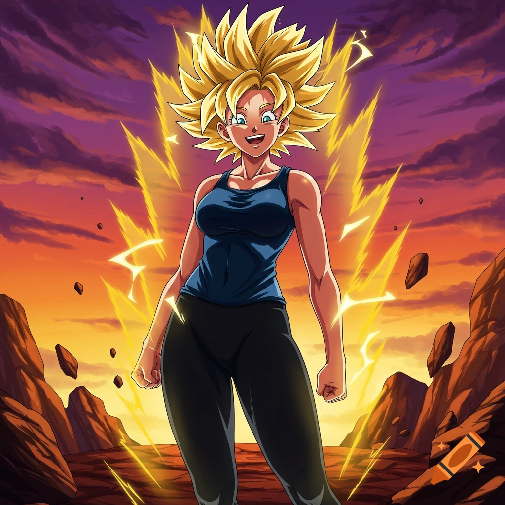 Smiling female Super Saiyan with spiky blonde hair and radiating yellow energy, wearing a blue tank top and black leggings, in an anime desert.