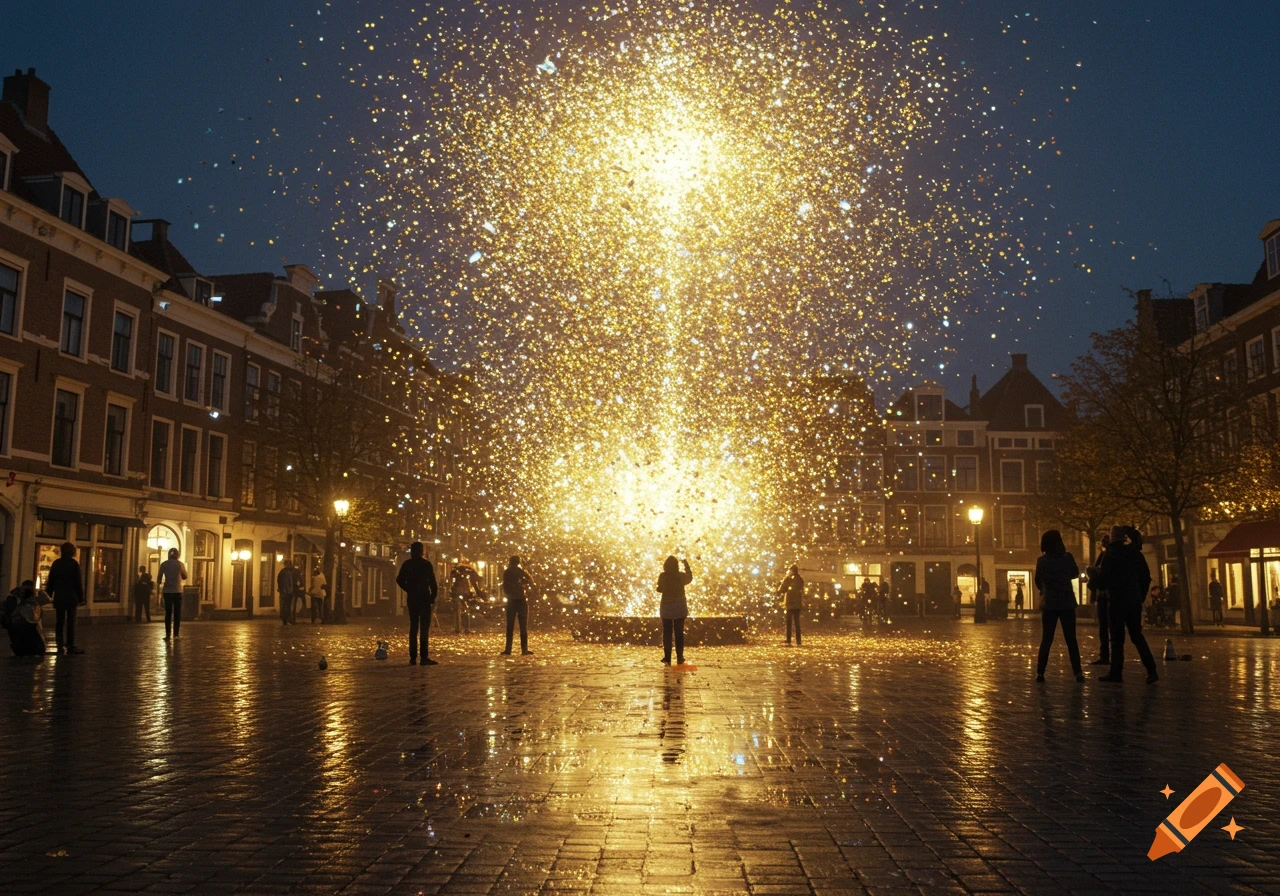 A brilliant golden light burst illuminates a city square at night, with silhouetted people watching from the wet pavement.