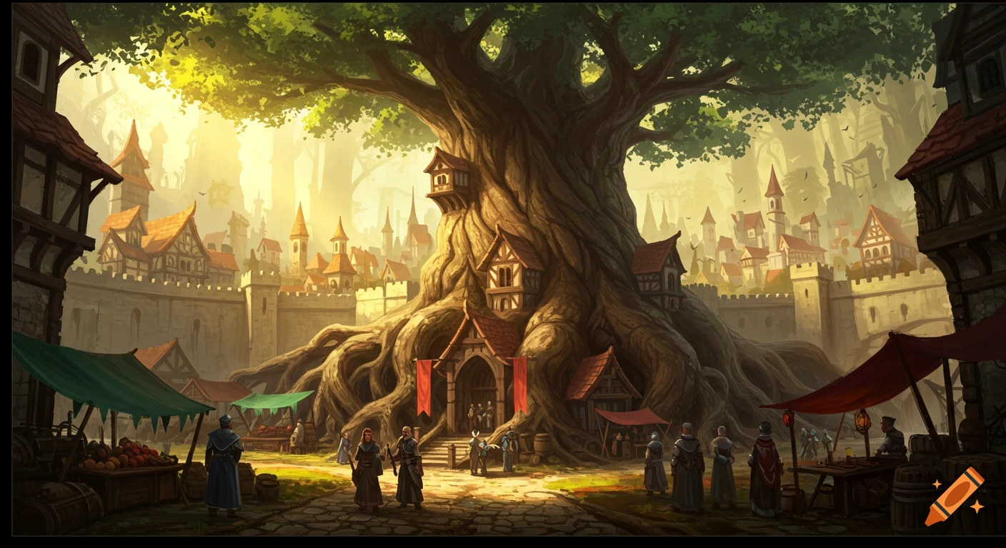 A bustling fantasy city with medieval architecture built around a colossal ancient tree, sunlight filtering through green leaves.