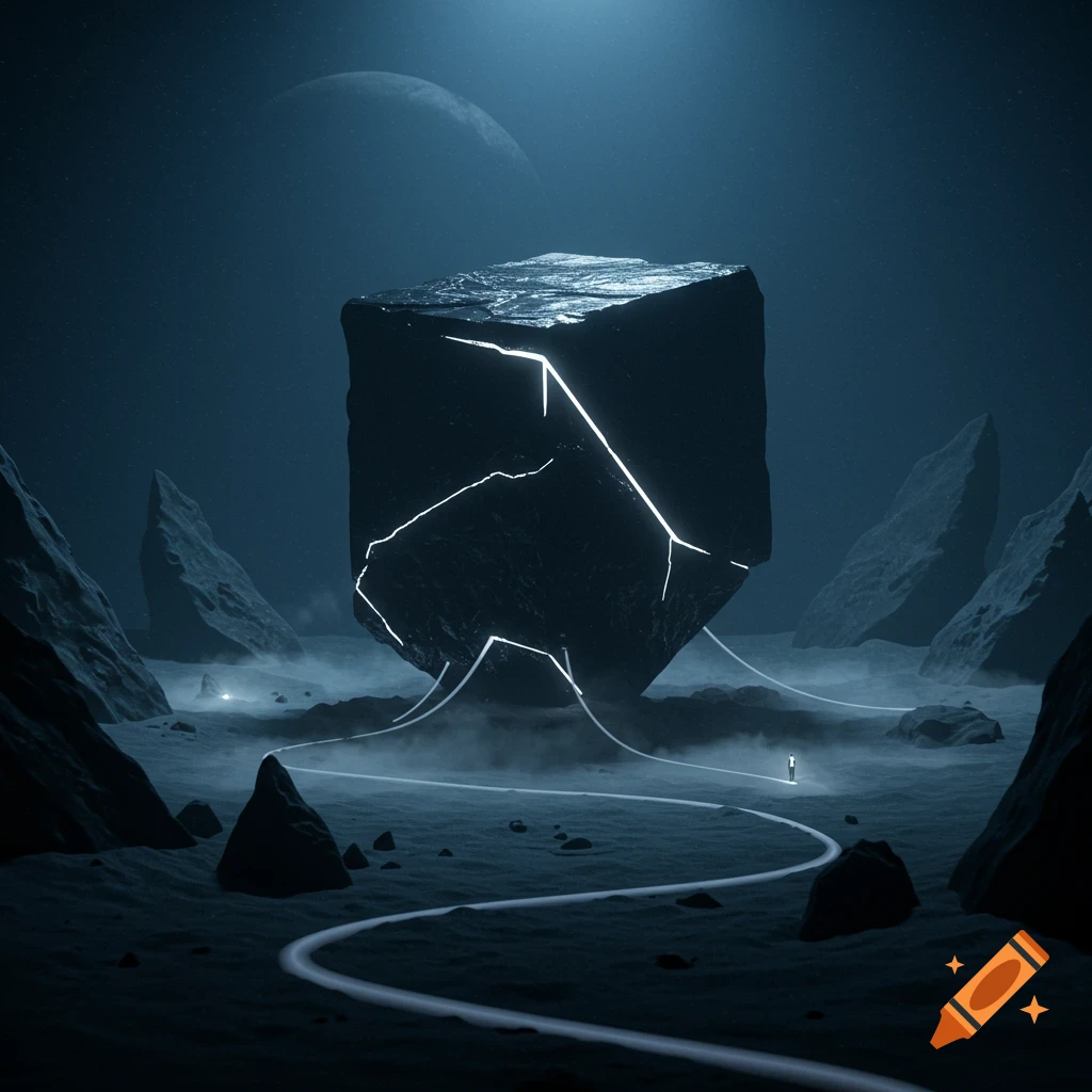 A large, dark, glowing cube on a misty, rocky alien landscape under a dark sky with a distant planet.