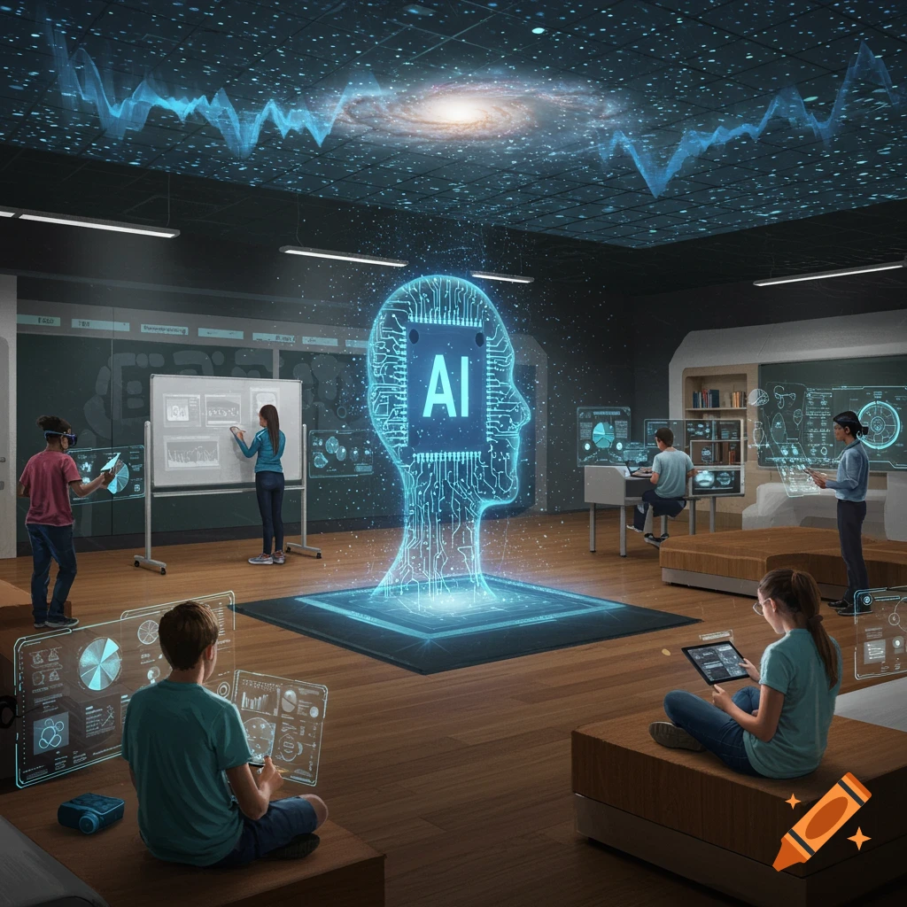 Students interact with holographic displays and a glowing AI head in a futuristic classroom setting.