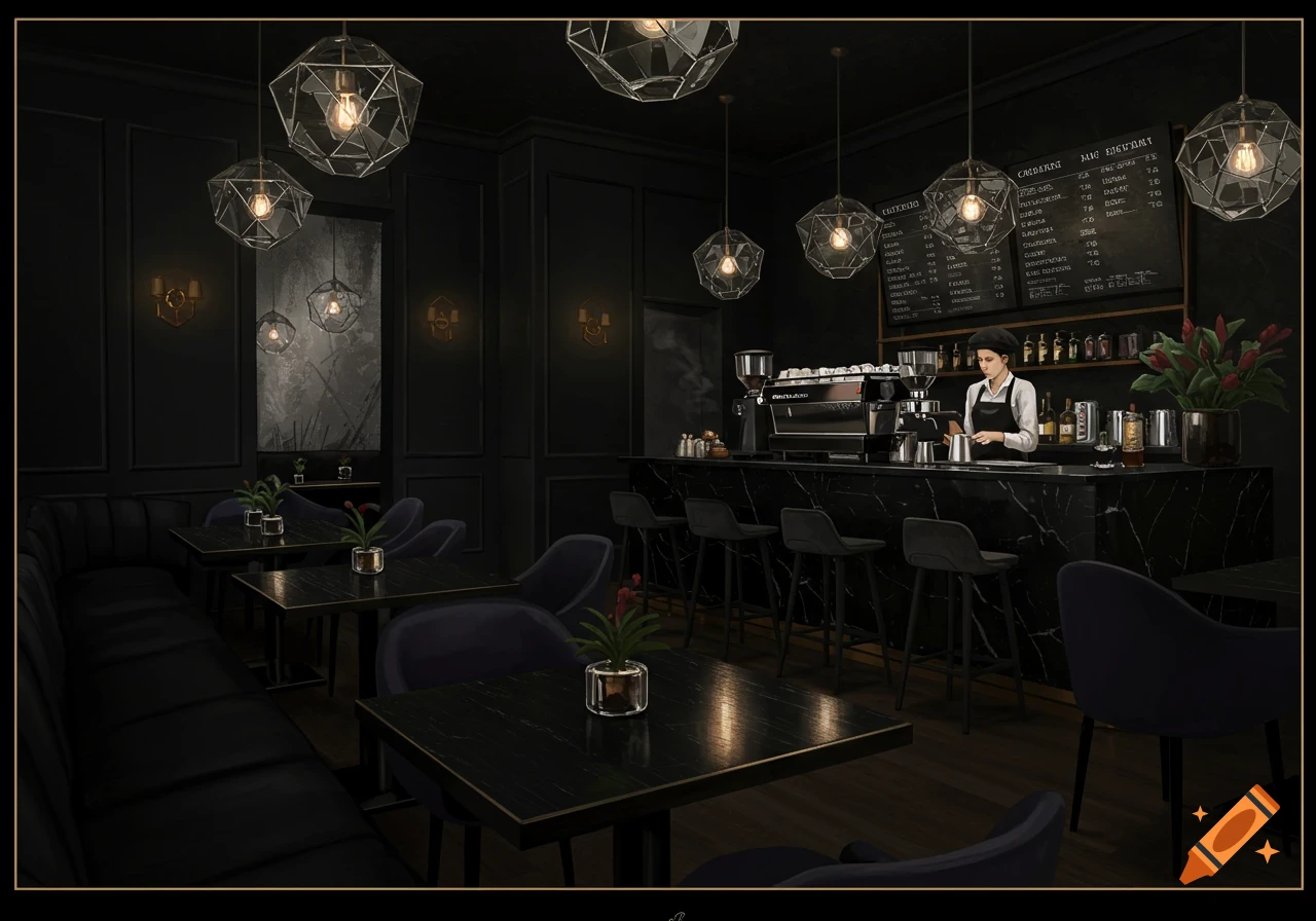 A dark, elegant cafe interior with black marble, modern geometric lights, a long booth, and a barista behind a counter.