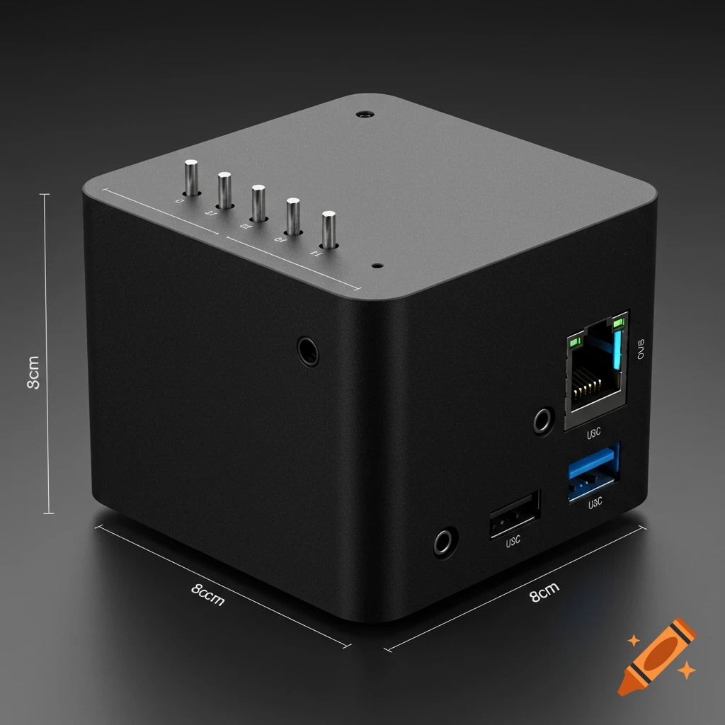 A sleek, black, cube-shaped electronic device with USB, Ethernet, and audio ports, and pogo pins on top, shown with measurement labels.