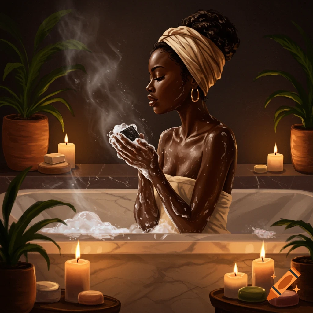 A serene Black woman in a candlelit bathtub holds a bar of soap, surrounded by steam and plants, in an artistic rendering.