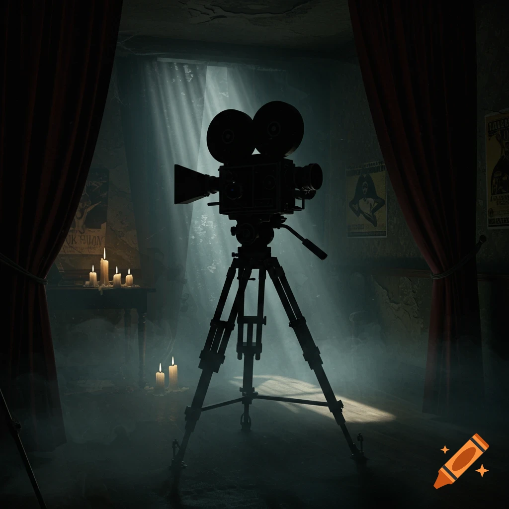 A vintage film camera on a tripod in a dark, atmospheric room with candles, red curtains, and light beams. Photorealistic, moody style.