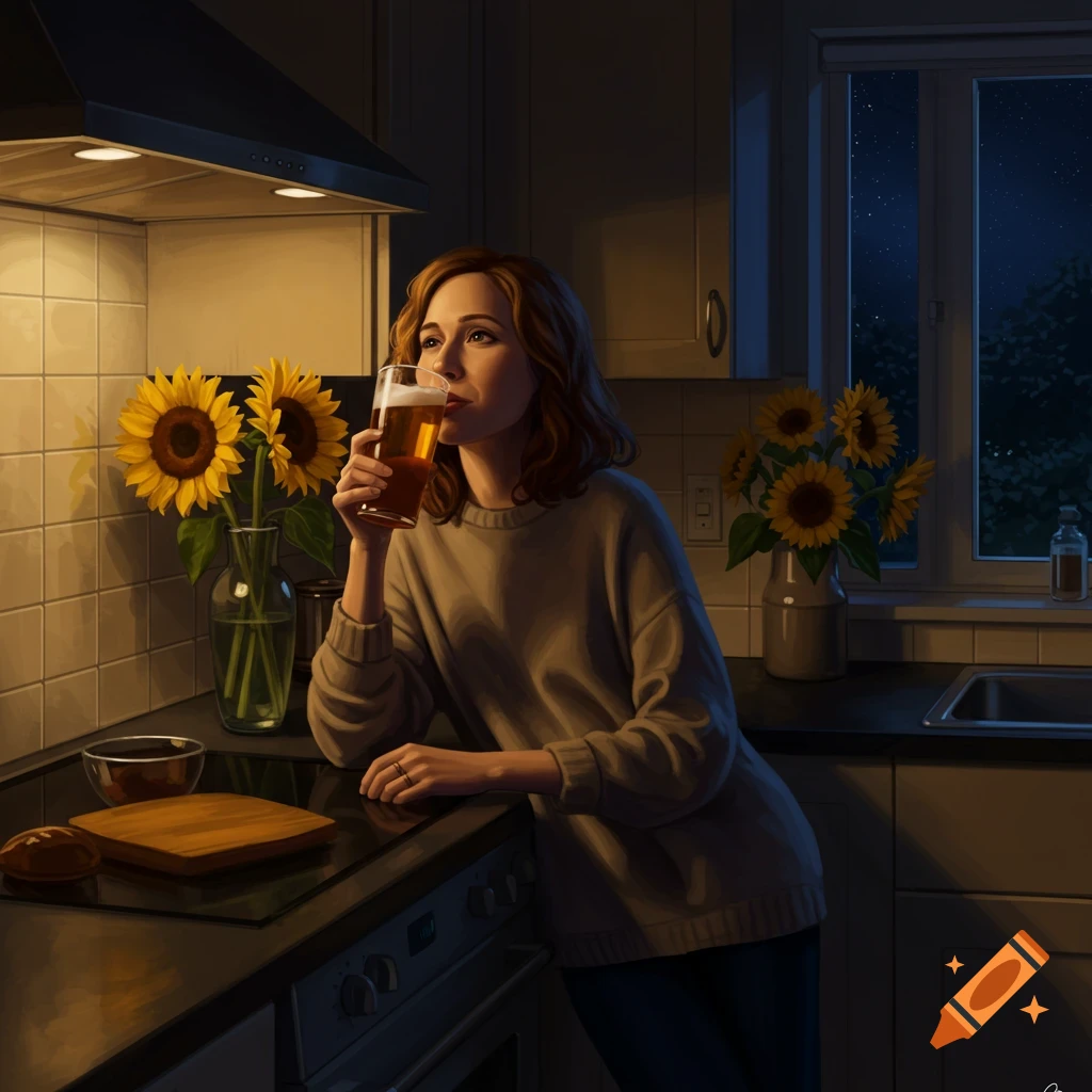 A woman in a cozy sweater sips beer in a dimly lit kitchen at night, with sunflowers and a starry window view.