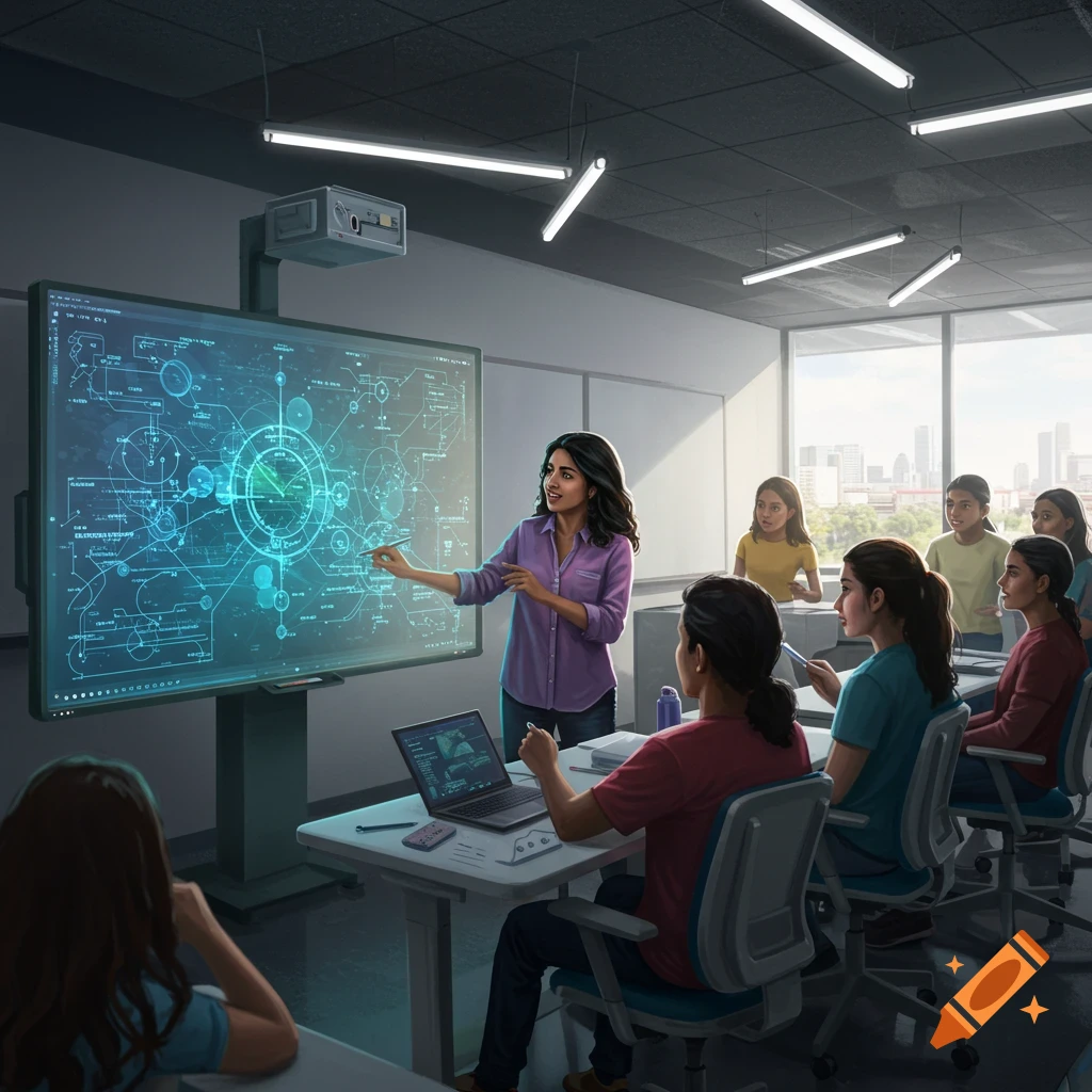 A diverse group of female students and a teacher in a modern classroom. The teacher points at a large interactive screen showing engineering diagrams.
