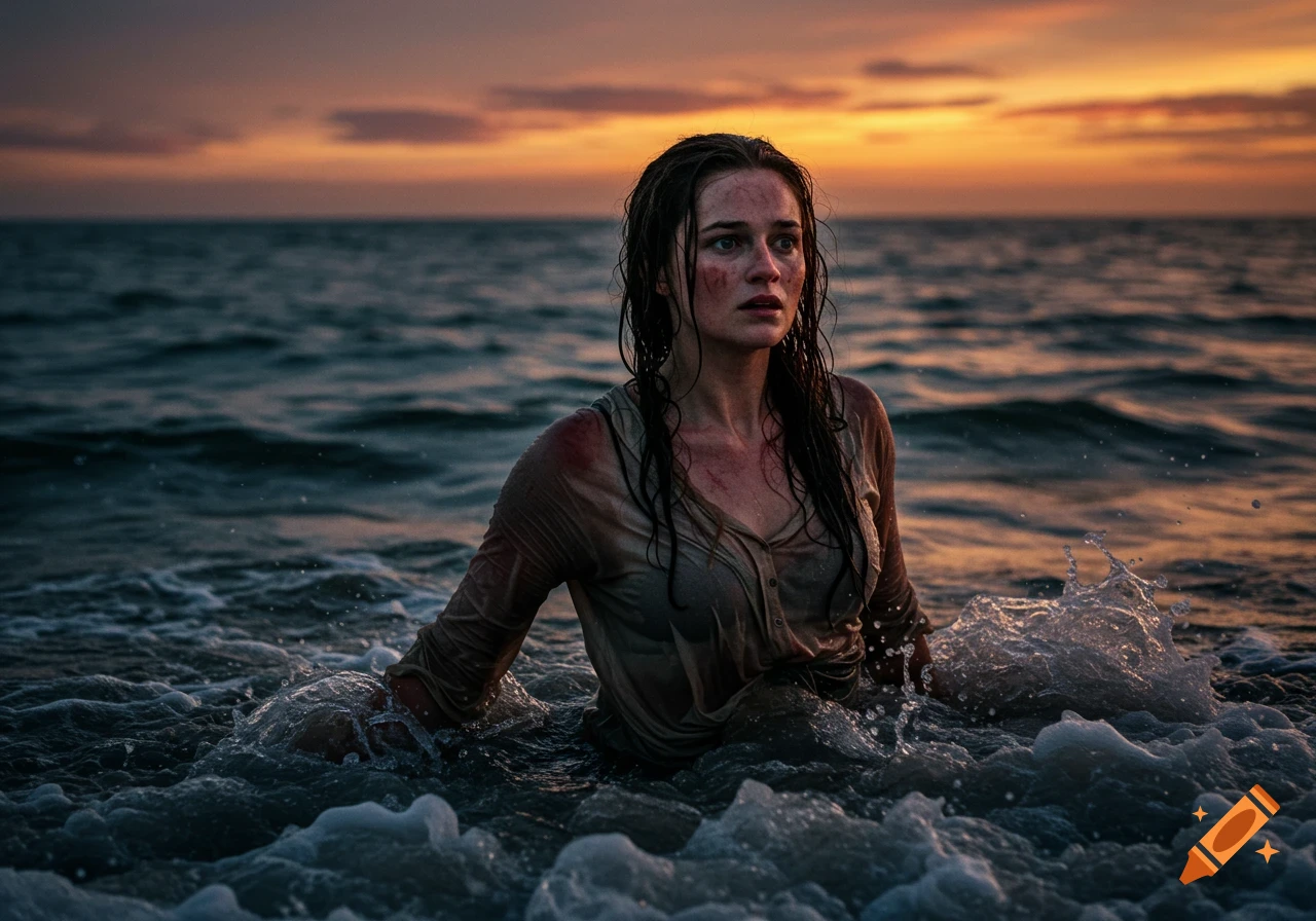A photorealistic portrait of a distressed, shipwrecked woman with wet hair and clothes in choppy ocean waves at sunset.