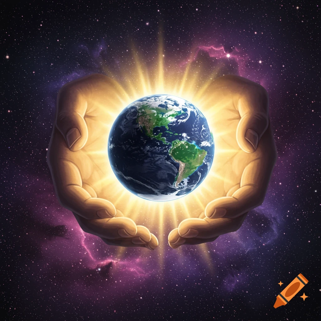 Two large, glowing hands gently cup a brightly illuminated Earth against a vibrant purple and blue cosmic background with stars.