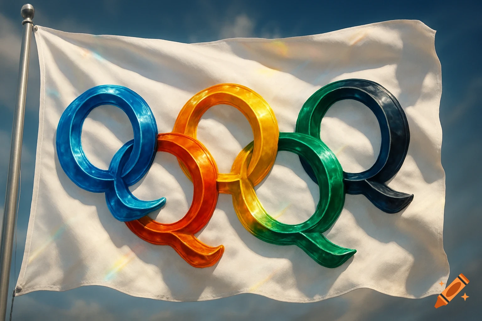 A white flag with five stylized, metallic 'Q' letters in blue, orange, yellow, green, and dark blue, arranged like Olympic rings, fluttering against a blue sky.