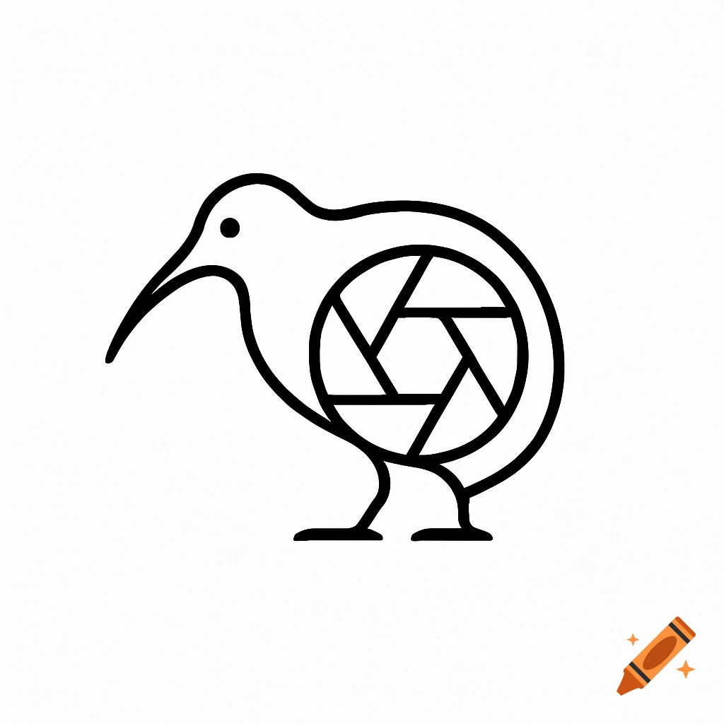 Black and white line art logo of a kiwi bird with a camera aperture symbol on its body.