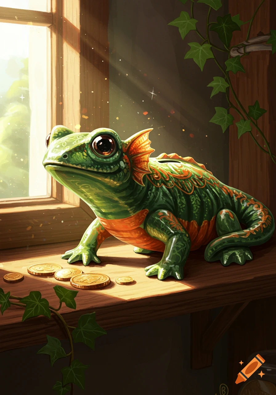 A stylized green and orange salamander piggy bank sits on a sunlit wooden windowsill with golden coins.