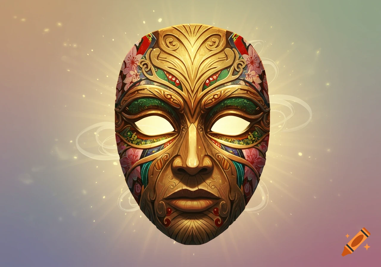 An ornate golden mask with intricate green, red, and pink floral designs and glowing white eyes on a radiant background.
