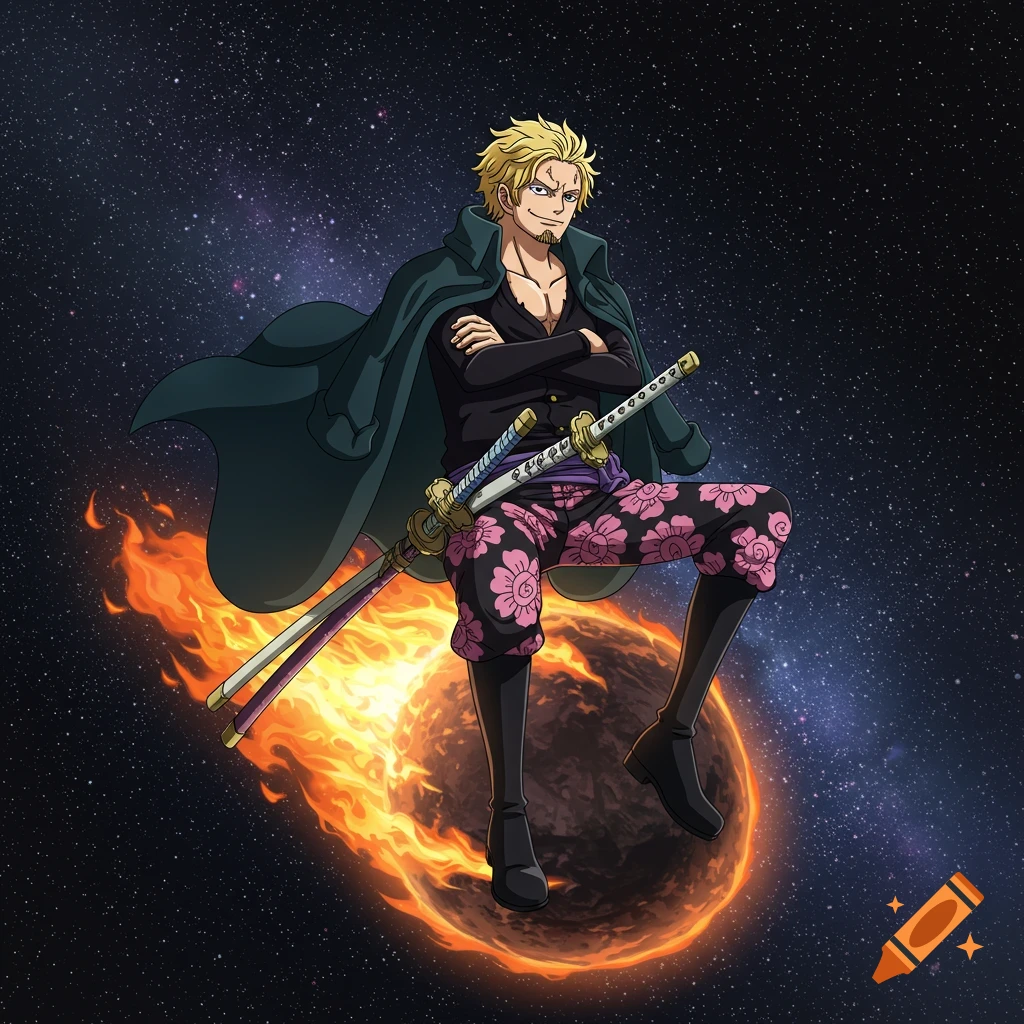 A blond-haired, bearded anime character in a dark cloak and floral pants, with arms folded and a nodachi, rides a flaming meteor through space.