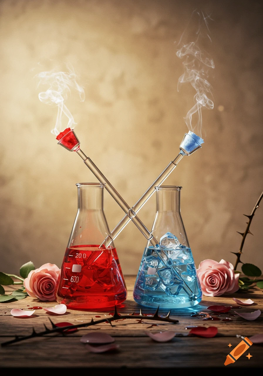 Two chemistry beakers, one red and one blue, with smoke rising from rose-shaped stirrers, surrounded by pink roses, thorns, and petals on a wooden surface.