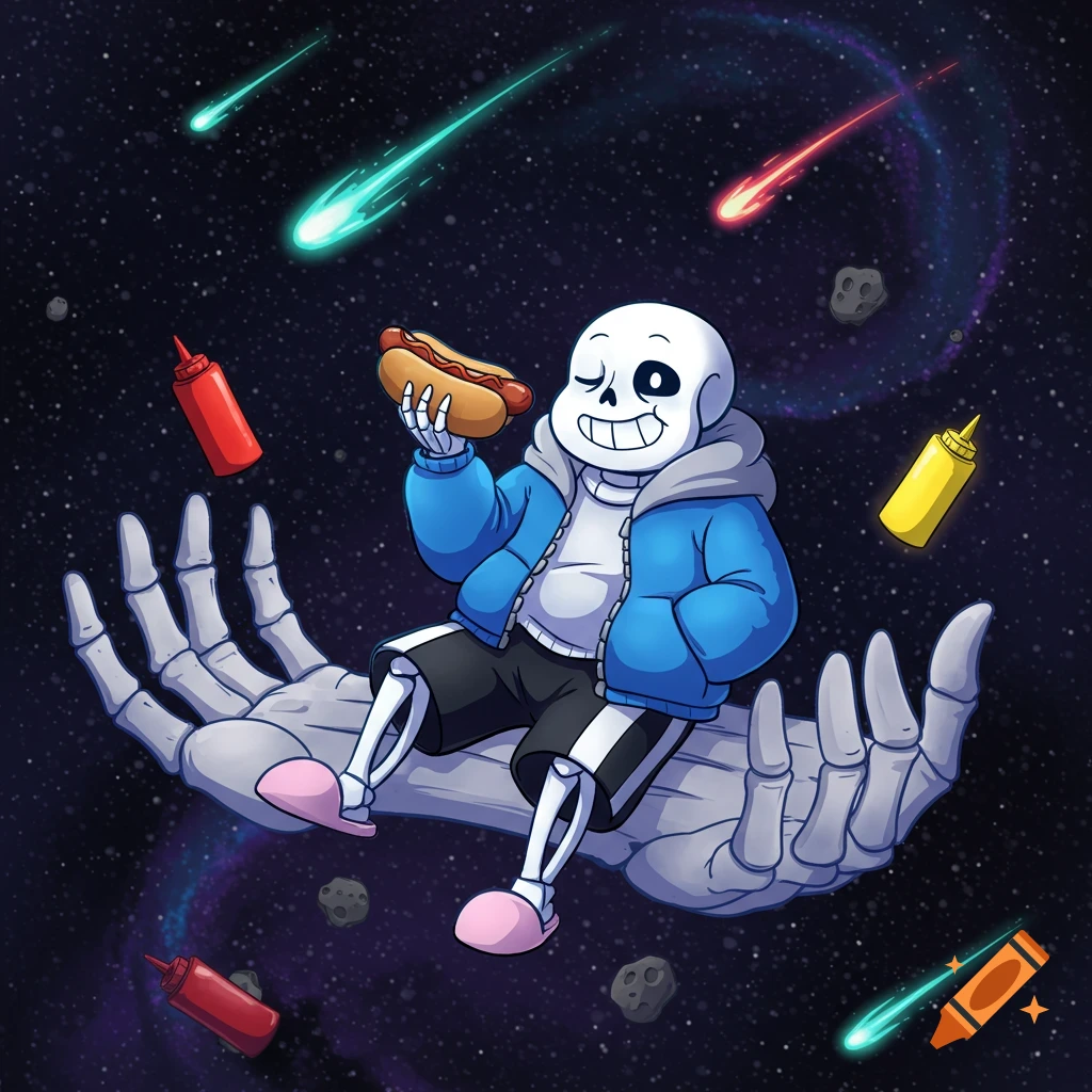 Cartoon skeleton Sans sits on a giant skeleton hand in space, eating a hot dog with floating condiments and meteors.