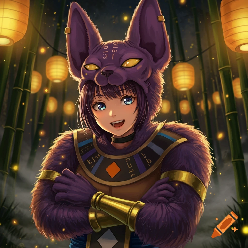 Anime girl dressed as Beerus in a purple fursuit, smiling in a bamboo forest lit by hanging lanterns.