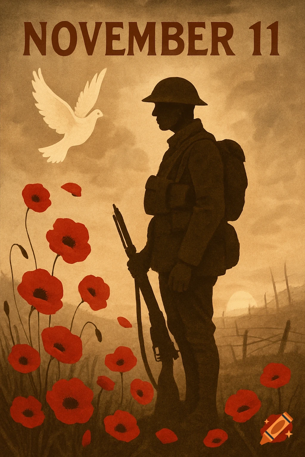 A vintage style poster showing a soldier's silhouette, red poppies, a white dove, and the text 'NOVEMBER 11'.