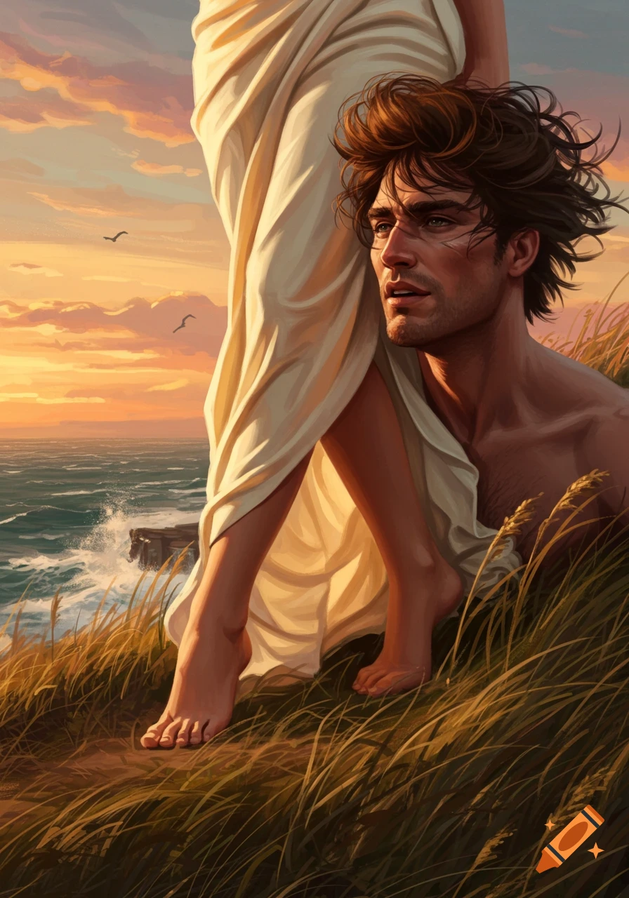 Painterly image of a windblown man's face and a woman's bare feet on a grassy cliff overlooking a dramatic sunset ocean.