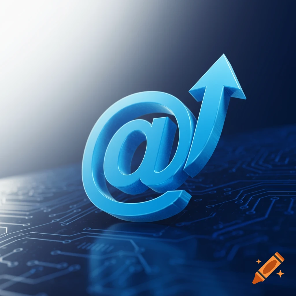 A blue 3D at-symbol with an upward arrow on a dark circuit board, representing digital communication and progress.