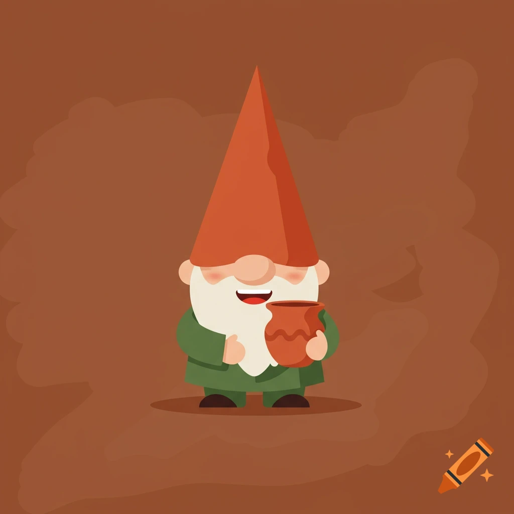 A cartoon gnome with a white beard, green coat, and a tall red hat, holding a small brown pottery pot, against a textured brown background.