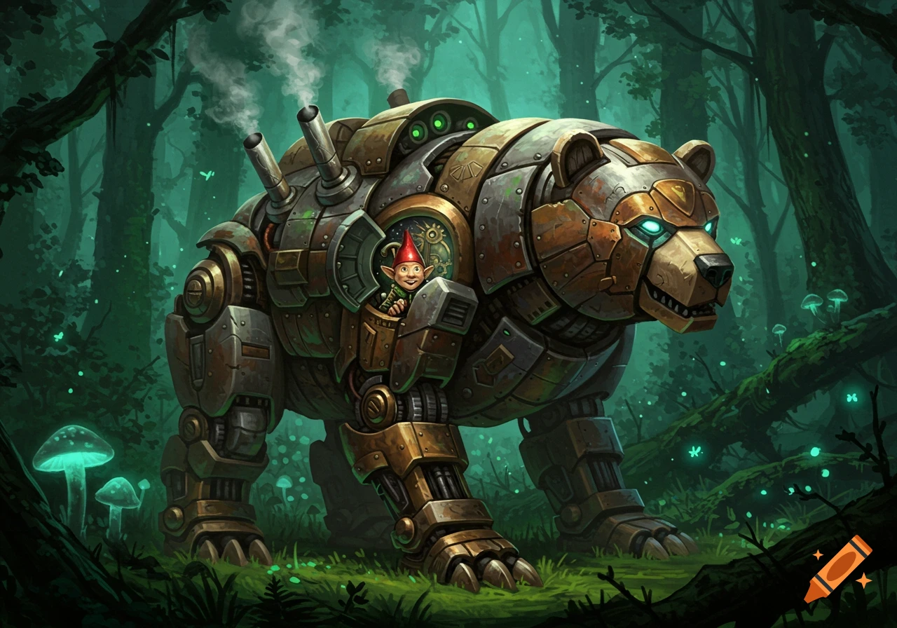 A small gnome drives a large, intricately detailed steampunk mechanical bear through an enchanted, glowing forest.