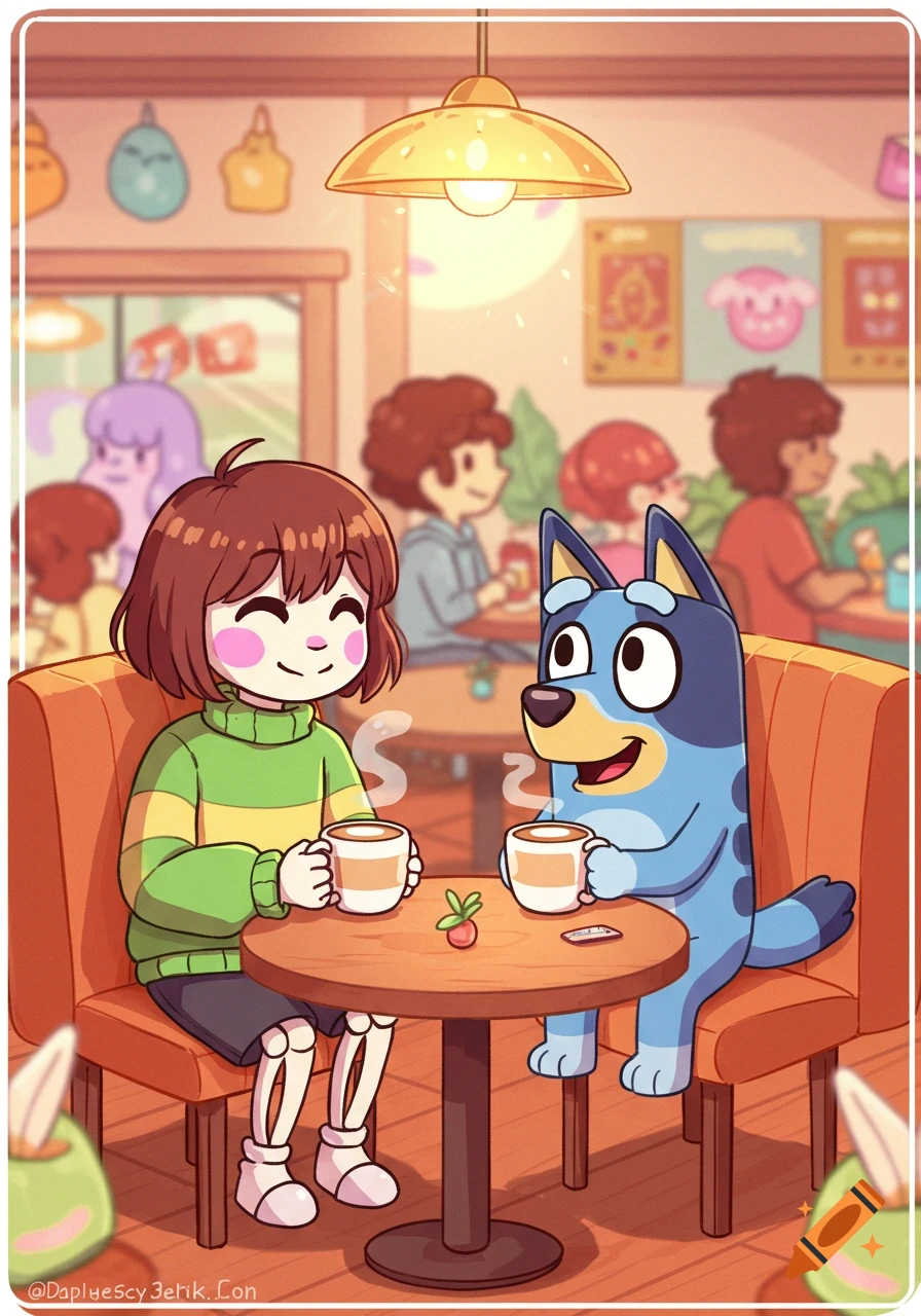 Chara from Undertale and Bluey drink lattes at a table in a brightly lit cartoon cafe.