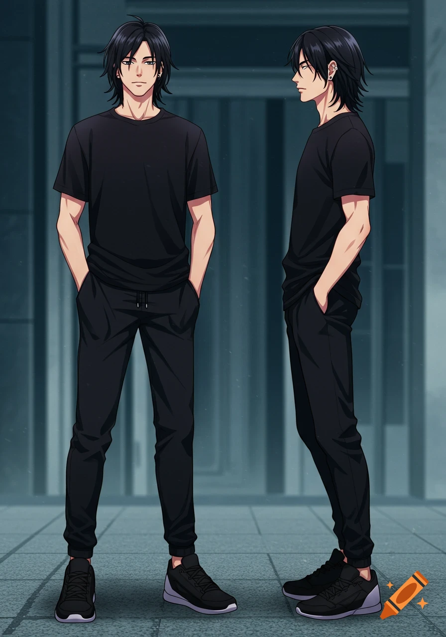 Anime male character with black hair and earrings in a black t-shirt and sweatpants, shown front and profile.
