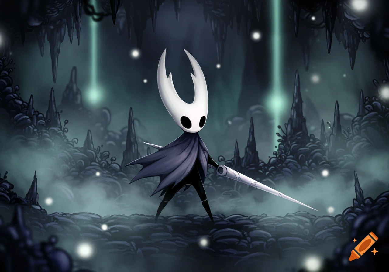 The Hollow Knight character stands in a misty, dark cave with glowing elements and stalactites, in a stylized video game art style.