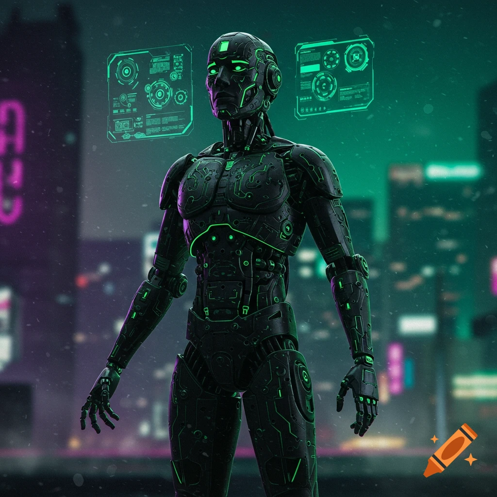 A detailed black robot with glowing green accents stands in a futuristic, neon-lit cyberpunk city at night, with holographic screens floating around it.
