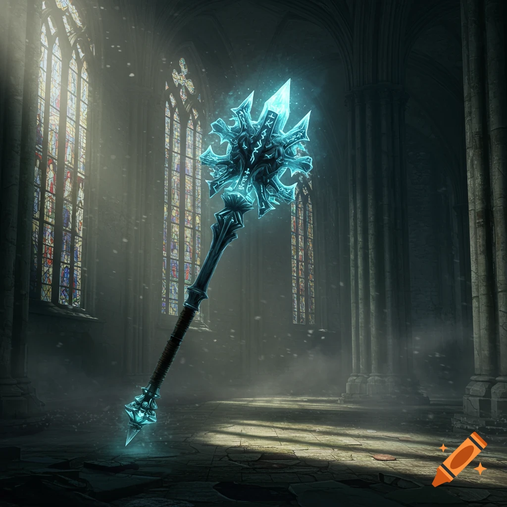 An intricate, glowing ice mace stands centered in a dark, atmospheric gothic cathedral with tall stained glass windows.