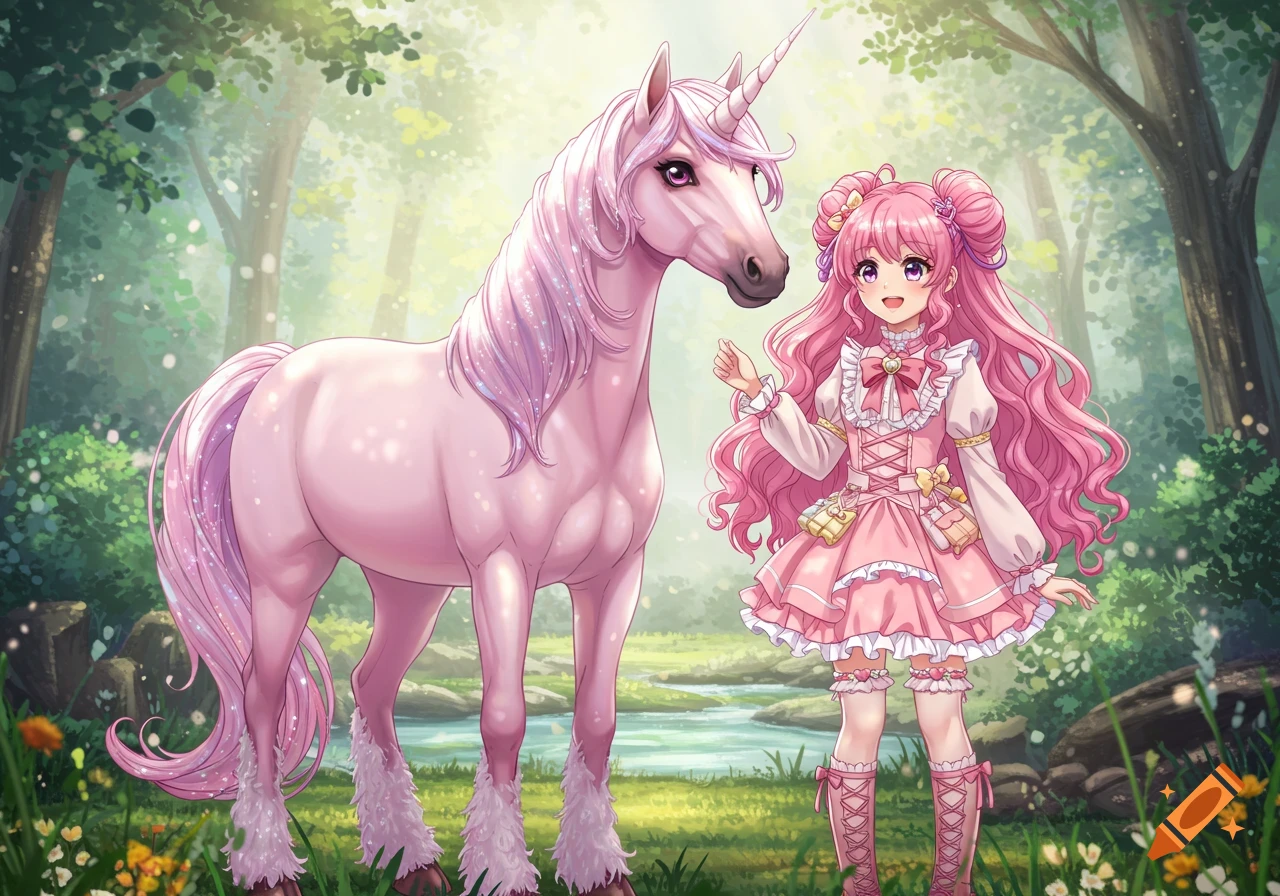 A smiling anime girl with pink hair in a frilly pink dress stands beside a majestic pink unicorn in a lush, magical forest.