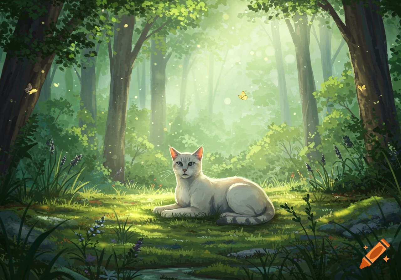 A white cat rests on mossy ground in a bright, ethereal forest with light filtering through green trees. Stylized illustration.