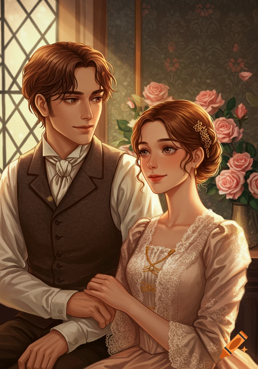 Illustrated portrait of a young Victorian couple with brown hair, the man looking at the woman as she smiles.
